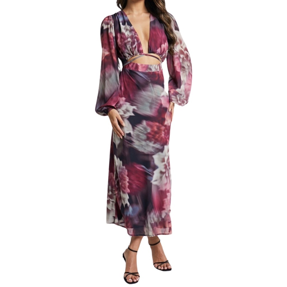 Showpo Plum and White Floral Cutout Midi Dress